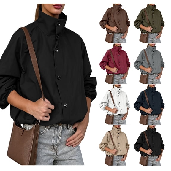 Hvogkswy Windbreaker Jacket Women, Cropped Stand Collar Zip Up Jacket Fall Lightweight Oversized Outdoor Travel Jacket
