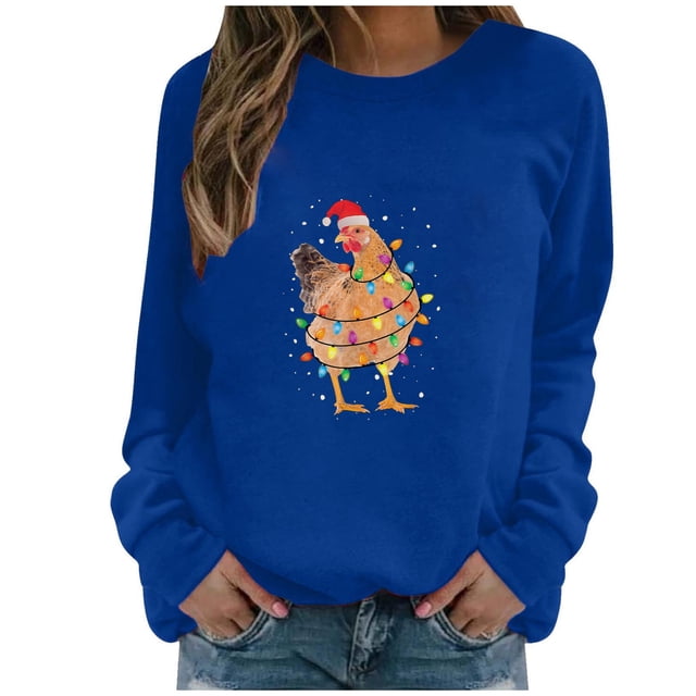 Penkiiy Hoodies pour Femmes, Tops à Manches Longues, Col Rond, Imprimé, Blouse Régulière, Sweashirts, Vêtements Bleus Y2K