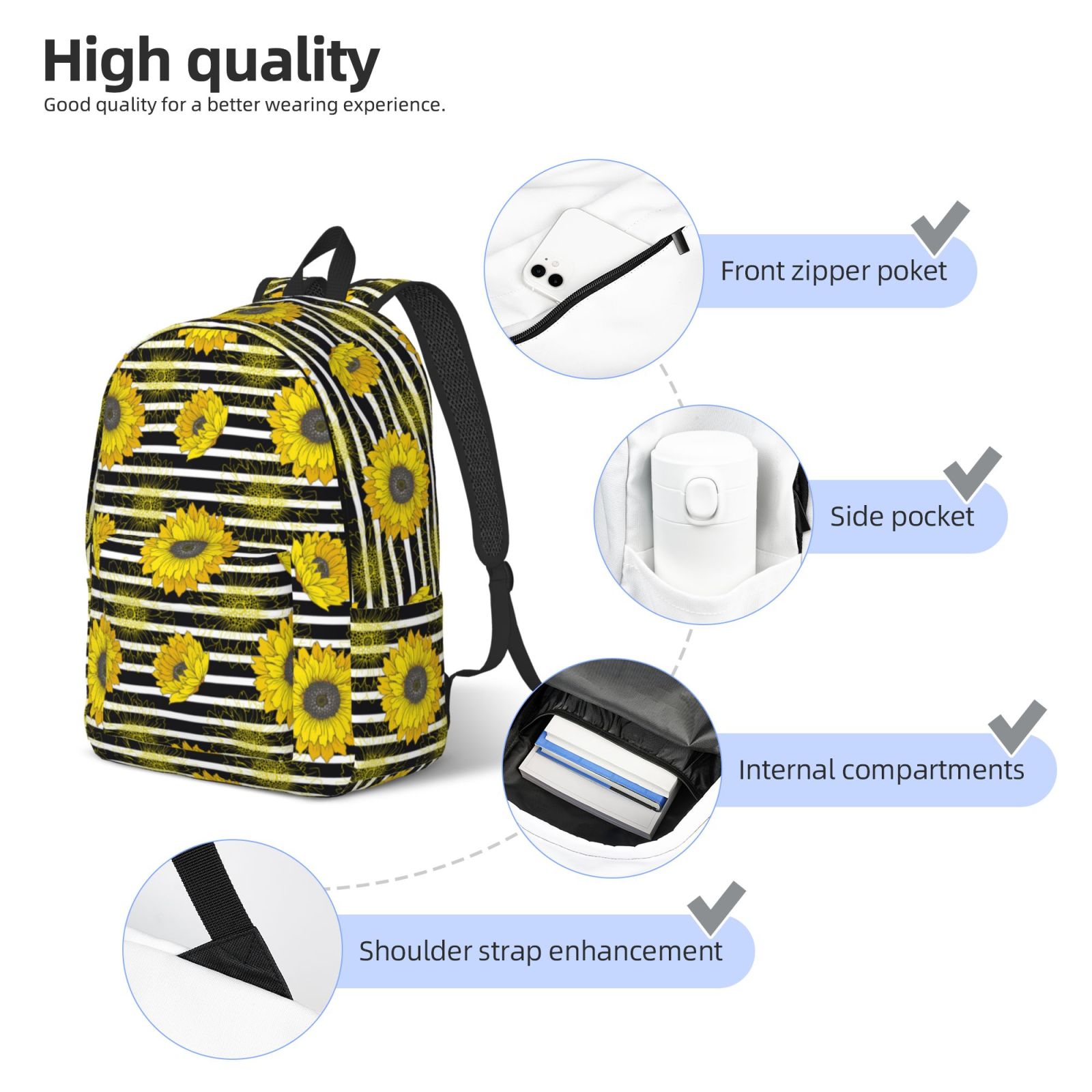 Travel Laptop Backpack - Sunflowers Stripe Lightweight Canvas Backpack, Wear Resistant Computer Backpack Bag Fit {sizeName} Laptop for Men Women with Adjustable Padded Shoulder Straps
