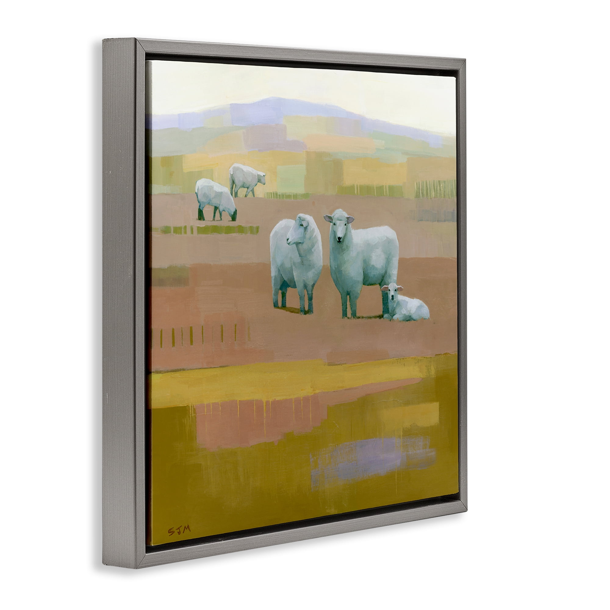 Stupell Industries Sheep Grazing Pasture Animals Painting Gray Floater Framed Canvas Art Print Wall Art, 18 x 18