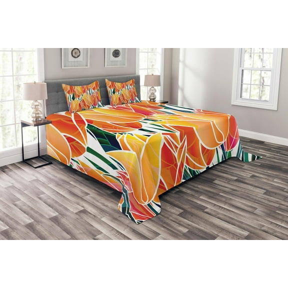 Ambesonne Orange Quilted Bedspread Set 3 Pcs, Floral Tulip Garden, King Size, Orange