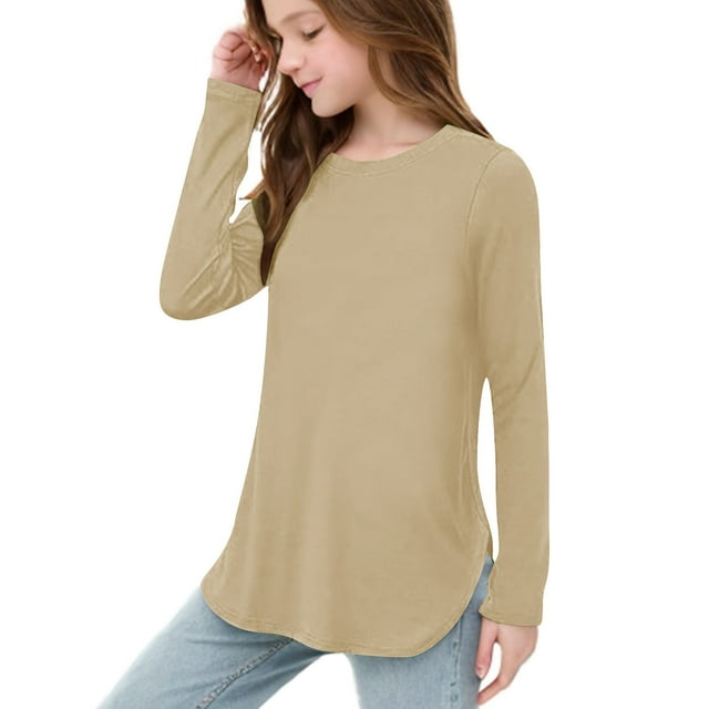 Plebaso Chemises à Manches Longues pour Filles Col Rond Hauts Décontractés Blouses Amples Unies pour Enfants Printemps Été