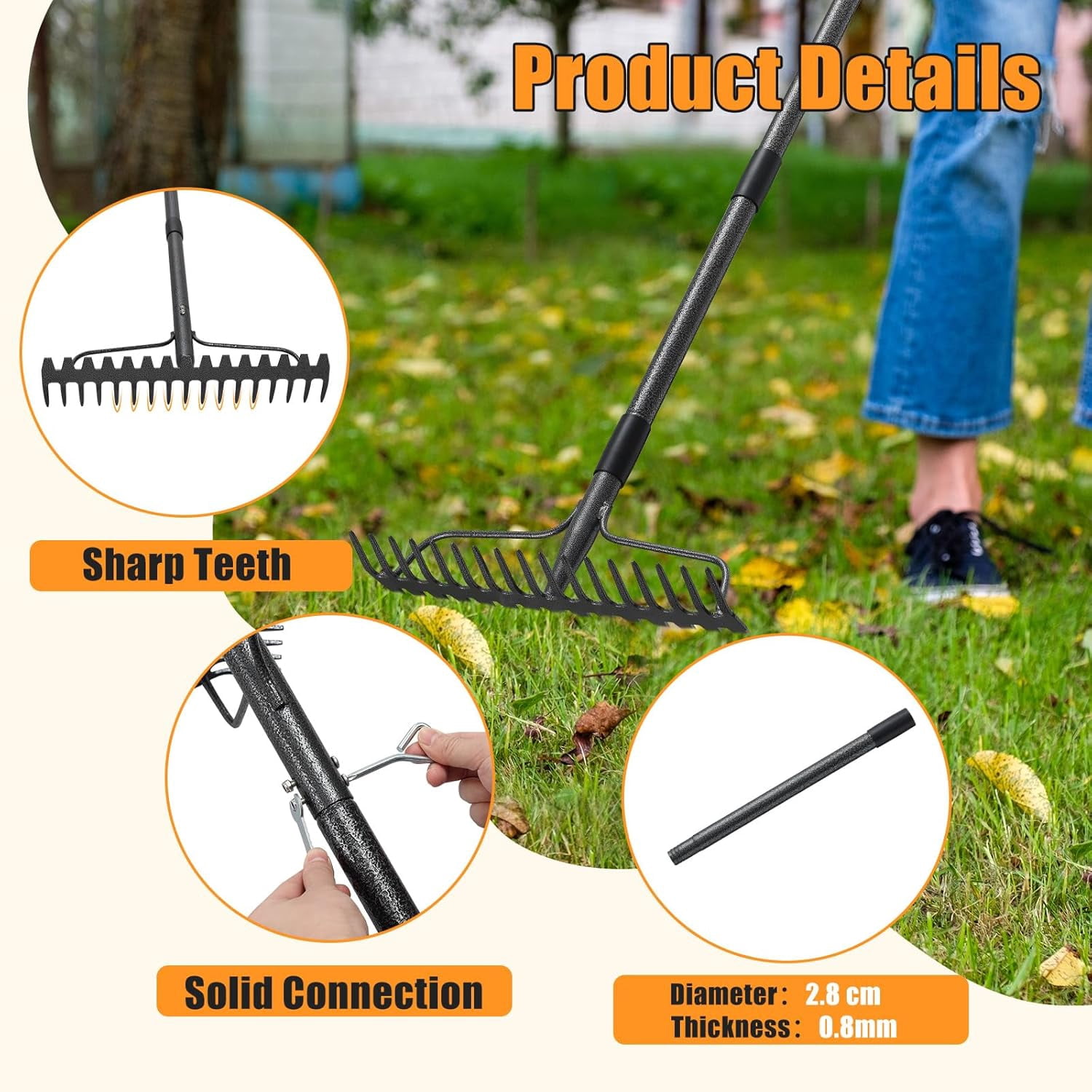 Garden Rake, 63 inch Long Handle with 17 Tongs, Heavy Duty Metal Rake for Loosening Leveling Soil, Grass, Wedding