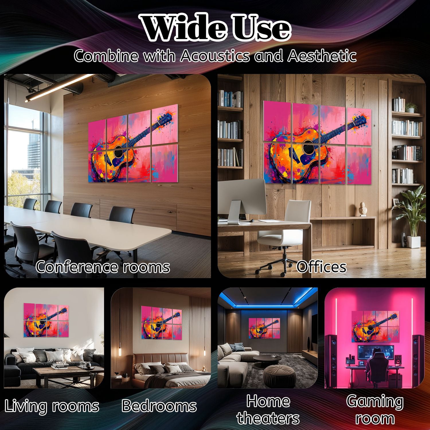 Musical 8 Pack Art Acoustic Panels Sound Absorbing Colorful Acoustic Guitar Paint Splatter Abstract Pop Decorative Soundproof Wall Panels Self Adhesive for Nursery Game Room Music Classroom 48"x32"