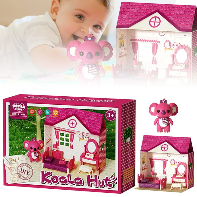 Éducation 2 / Ensemble de Mini Maisonnette de Jeu Surélevée avec Journal de Koala pour Enfants / Ensemble de Jeu Intérieur Interactif avec Figurine Réaliste de Famille de Koala et Mobilier