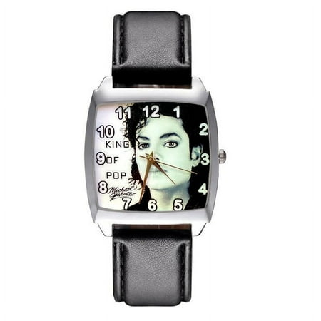 Michael Jackson King of Pop Square Face Quartz Black Leather Band Wrist Watch