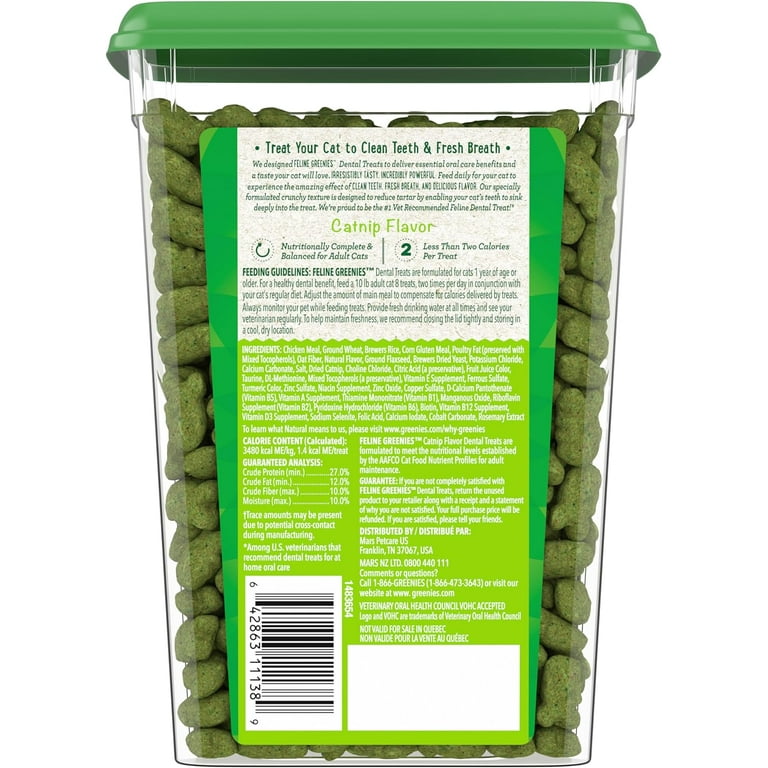 Greenies Feline Adult Natural Dental Care Cat Treats Catnip Flavor 9.75 oz. Tub Walmart