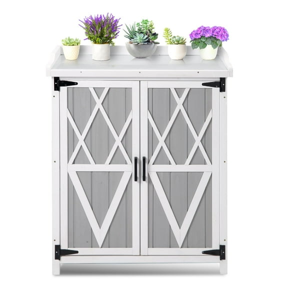 Outdoor Potting Bench with Metal Work Top,Waterproof Garden Storage Cabinet, Wooden Garden Work Bench with Adjustablev Shelves & Double Doors for Backyard, Patio, Lawn Gardening, Grey/Wood Color
