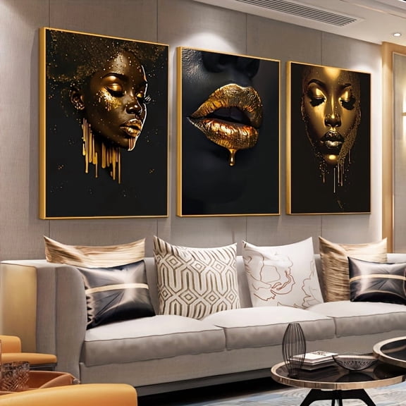 3pcs pop Style African woman girl Wall Art Painting Set Golden Wall Poster Room Wall Artworks for Home Decor Girls Bedroom Living Room, Unframed