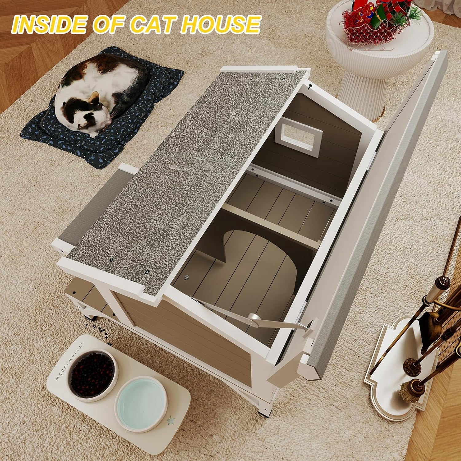 28.7"L Cat House Outdoor Feral Cat Shelter with Balcony,Weatherproof Cat Houses for Outdoor Cats with Openable Asphalt Roof,Wooden Feral Cat Enclosure with Raised Base for 1-3 Cats(GREY)