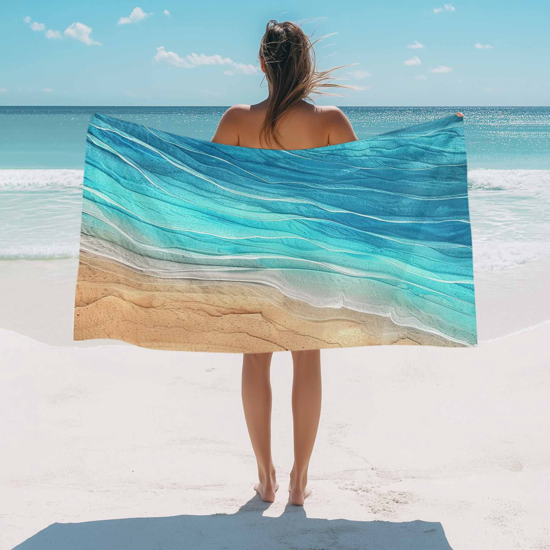 Turquoise Coastal Beach Beach Towels Blanket Soft&Absorbent Quick Dry Microfiber Vintage Gradients Ocean Waves Pool Towels for Swimming ,Yoga, Sports, Gym, Camping,Large 35X70in,
