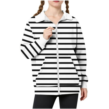 DxhmoneyHX Girls Zip Up Hoodie Fashion Striped Athletic Sweatshirt Casual Loose Long Sleeve Going Outs Tops Fall Coats with Pockets Size 130
