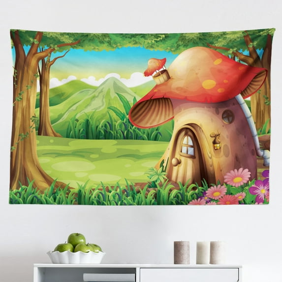 Mushroom Tapestry, Mushroom Fantasy House Steppingstone Farm Field After The Rain Outdoor Childhood, Fabric Wall Hanging Decor for Bedroom Living Room Dorm, 2 Sizes, Multicolor, by Ambesonne