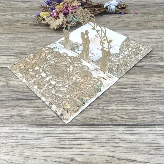 Tarjeta emergente 3D de 3 pliegues, tarjeta de invitación de boda de bolsillo, corte láser, invitación de felicitación con sobre, color dorado y gris, 1 unidad, envío gratis