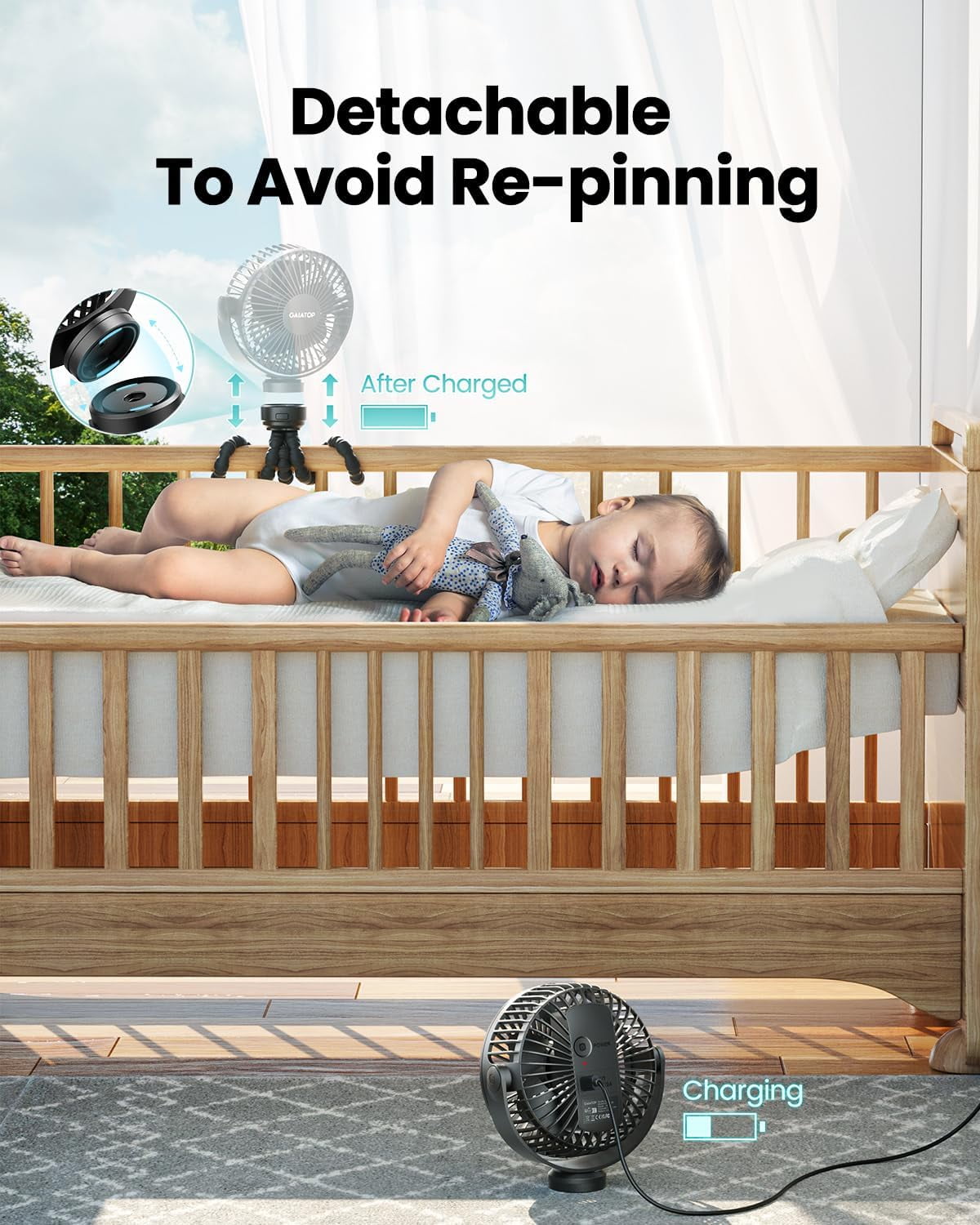Portable Stroller Fan, Battery Operated Clip On, 3 Speed Rechargeable, 360° Rotate for Car  Crib Travel Black