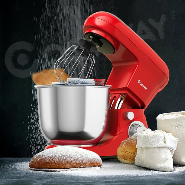 Robot Pâtissier 1300W Batteur Electrique avec Bol d'Acier Inox 4L à 6  Vitesses Réglables avec Batteur Fouet Crochet Rouge