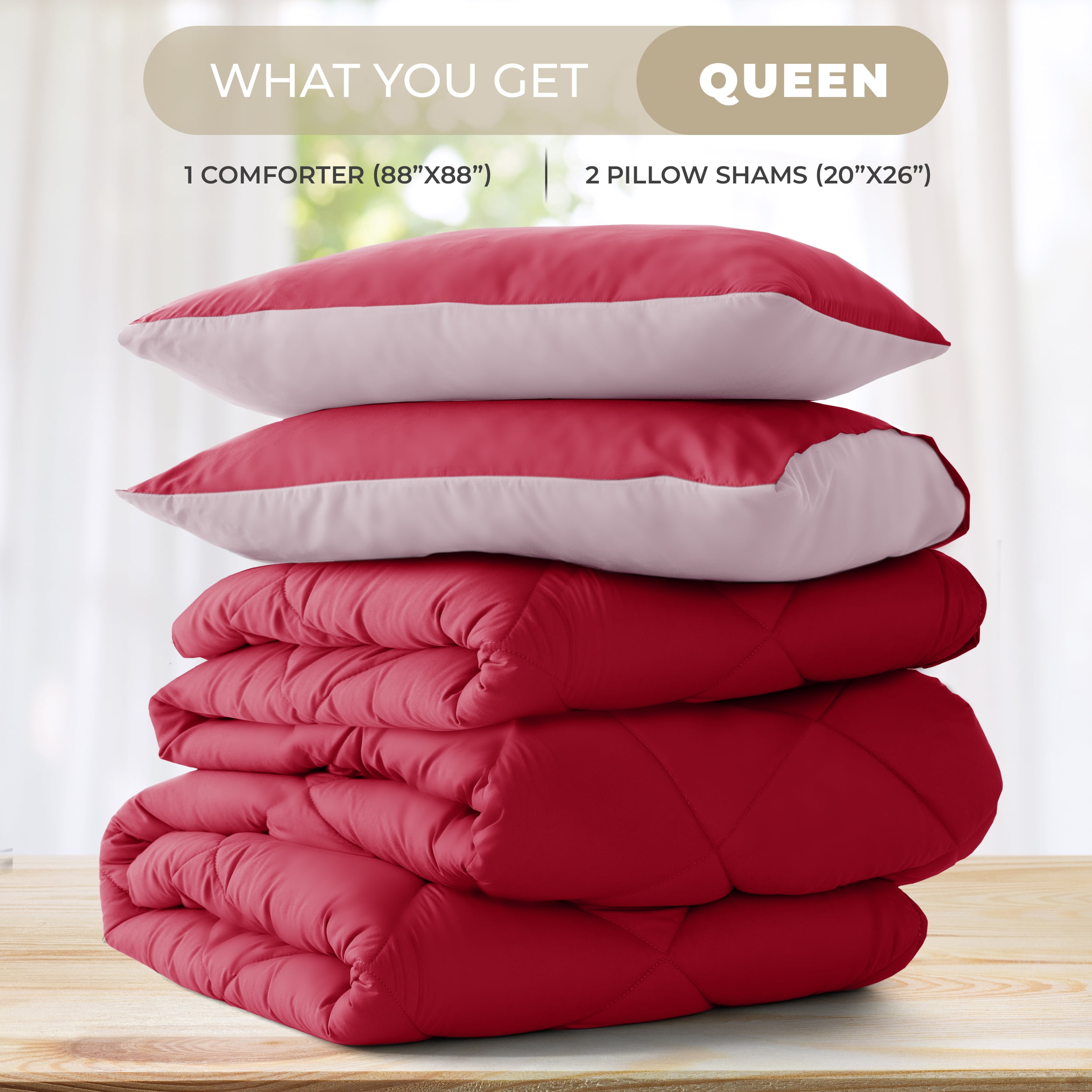 Lux Decor All-Season Comforter Sets Queen 3 PC, Reversible Bedding Set with Diamond Quilted Design Comforter and 2 Pillow Shams, Lightweight & Cozy Set de Cama Burgundy/Pink