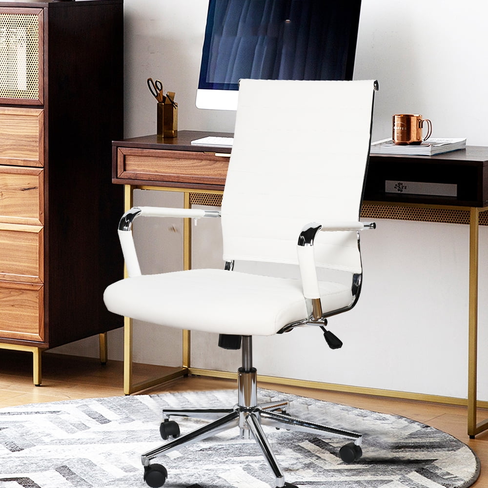 Okeysen Mid-Back Ribbed Home Office Desk Chair Upgraded Seat Ergonomic Leather Conference Room Swivel Chairs Adult, White