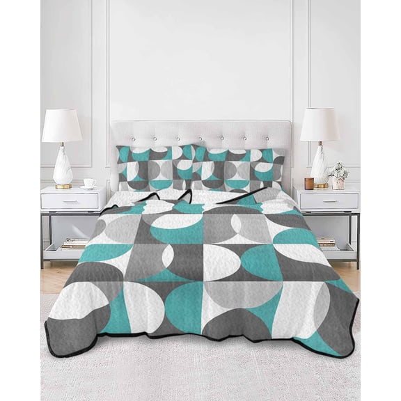 Quilts Queen Size, Abstract Aqua, Soft Comforter Bedding Set for Bed, Modern Grey White Geometric Lightweight Quilted Bedspread with Pillow Cover(2 Pieces) for All Season, 90x96 Inch