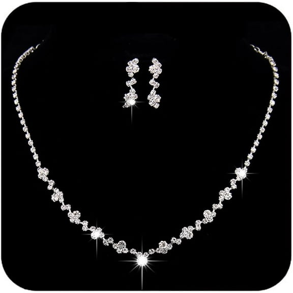 Bride Crystal Necklace Earrings Set Bridal Wedding Jewelry Sets Rhinestone Choker Necklace Prom Costume Jewelry Set for Women and Brides (3 piece set - 2 earrings and 1 necklace)