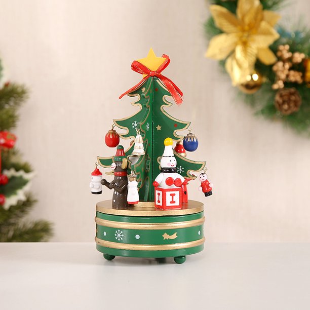 Caja de música navideña, adornos de mesa de madera, estatuilla de árbol de Navidad, adorno de mesa de madera para vacaciones de Navidad