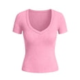 thumbnail image 4 of Womens Short Sleeve Ribbed Knit Tshirt Deep V Neck Shirts Summer Casual Slim Fit Basic Tee Tops, 4 of 6