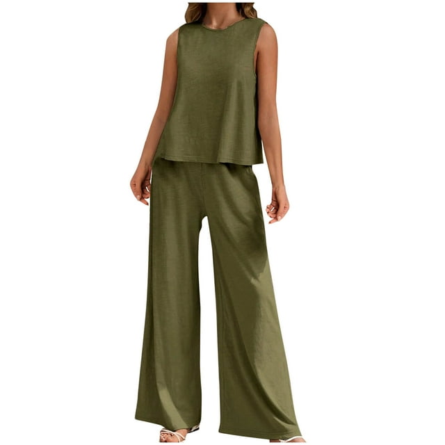 Timegard Ensembles 2 Pcs pour Femmes Débardeur Col Rond Pantalon Grand Taille Haute Tenues Décontractées Confortables