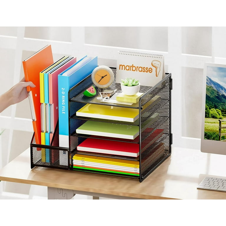 Marbrasse Desk Organizer with File Holder, 5-Tier Paper Letter Tray  Organizer with Drawer and 2 Pen Holder, Mesh Desktop Organizer and Storage  with