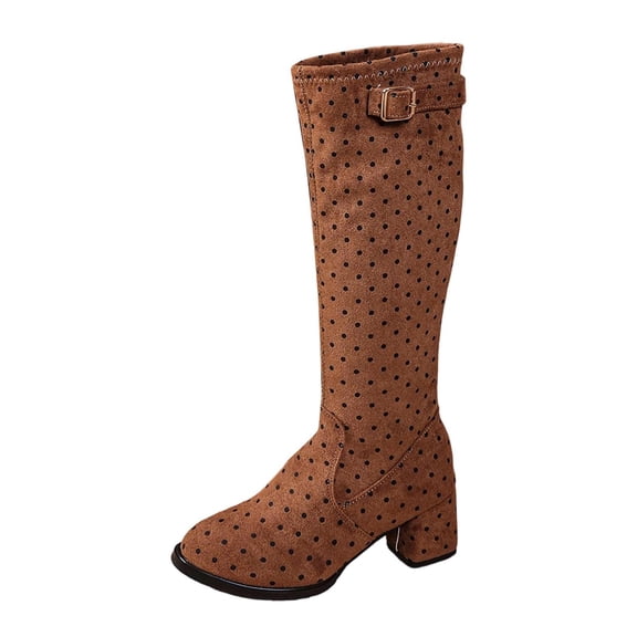Polka Stretch Heel Knee High Boots Round Toe Mid Calf Long Footwear