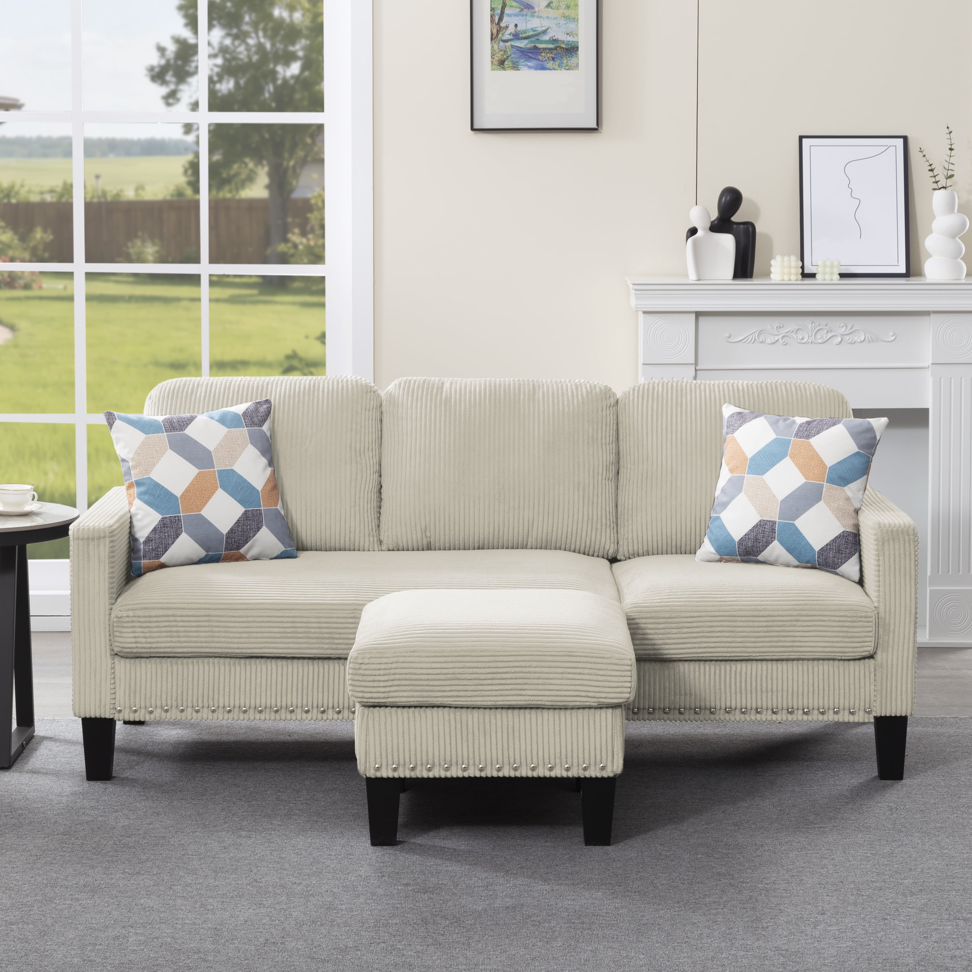 Gewnee 72.64"L-Shaped Sectional Sofa with Movable Ottoman,3-Seater Modern Reversible Chaise,Storage Pocket&Pillows,for Living Room,Office.Beige