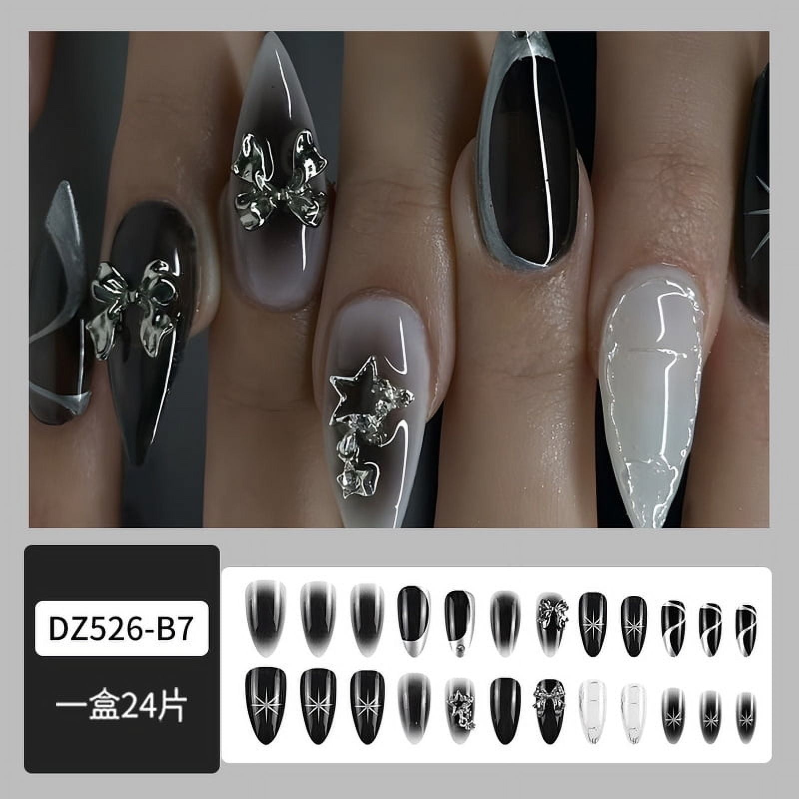 24pcs Y2k Cool Girl Fake Nails Sliver Star Almond False Nails Wearable Detachable 3D Butterfly Press on Nail Tips for Girl Women