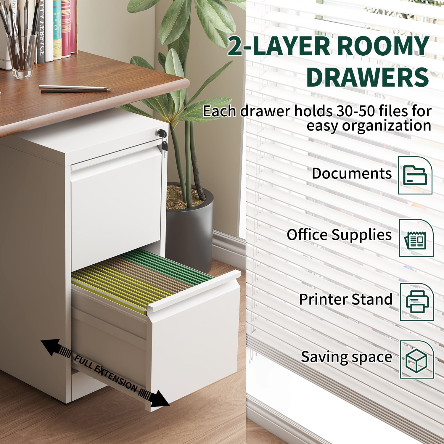 IKIMI 2 Drawer Vertical File Cabinet with Lock, 28.8" H Metal Office Storage Cabinet for A4/Letter/Legal Size, White