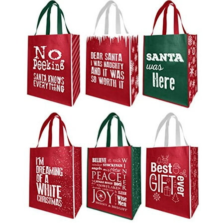 Medium Assorted Gift Bags Earthwise Reusable Grocery Gift Bags Holiday Xmas Designs - Large & Medium Size - 6 Assorted Designs (Pack of 6) ()