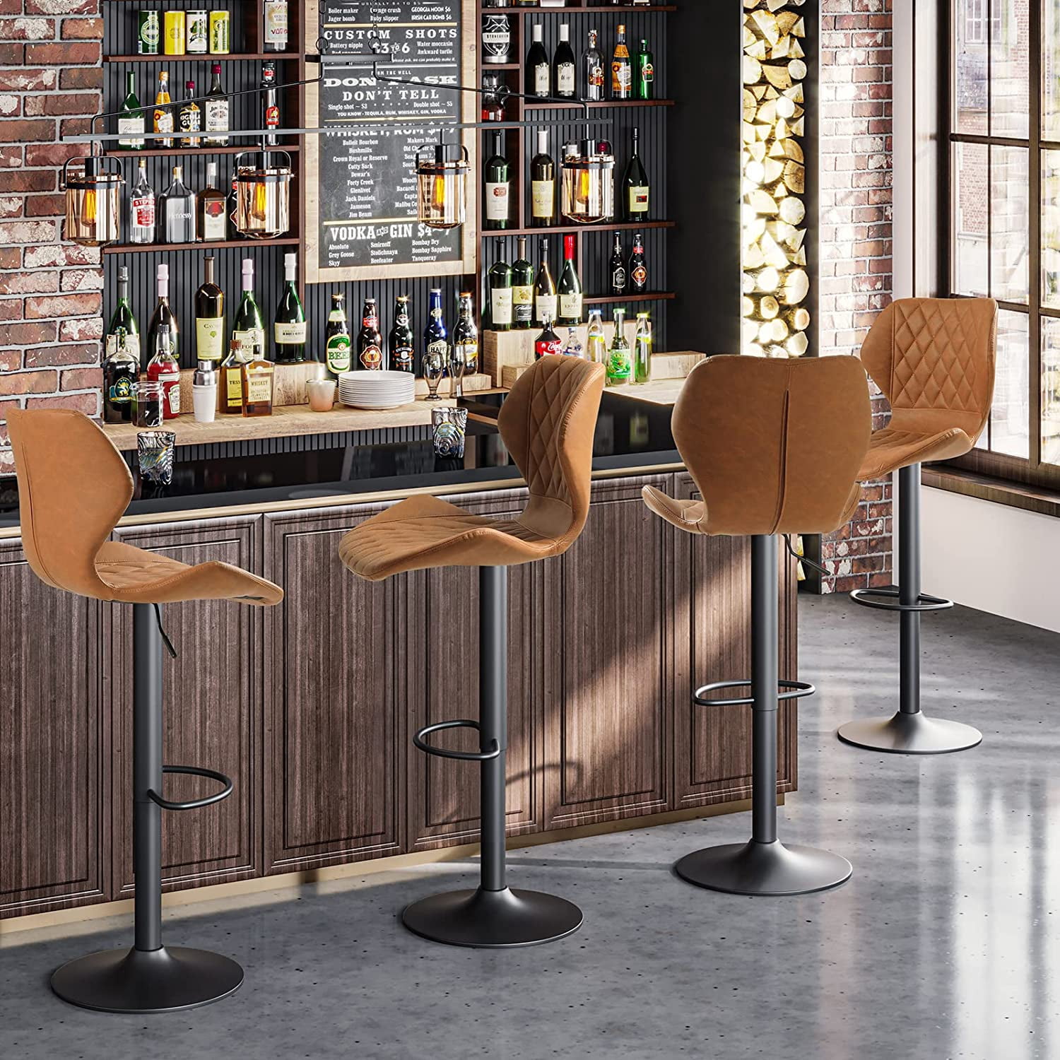 Afuhokles Set of 4 PU Leather Bar Stools Kitchen Dining Bar Chairs Rustic Low Back Brown