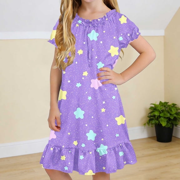 Cethrio Girls' Nightgowns Size 6, Short Sleeve Fashion Summer Loose Fit Kids Sleep Dresses Sleepwear Multicolor Size 6
