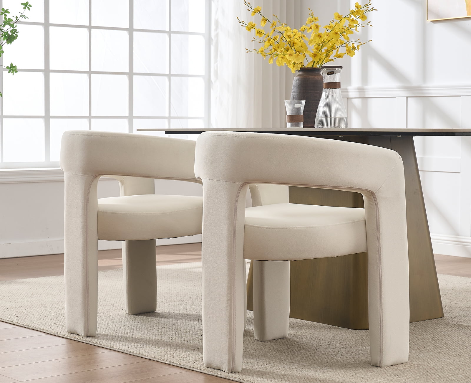 Guyou Modern Velvet Upholstered Dining Chair, Cute Barrel Side Armchair Kitchen Chair with Armrests and Back for Living Room Dining Room Bedroom, Ivory