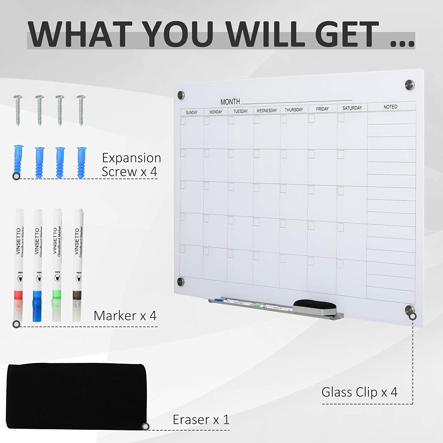 FeGemax 35"x23" Dry Erase Wall Calendar Glass Whiteboard Monthly Planner for Homeschool Supplies & Home Office Organization with 4 Markers and 1 Eraser,Frameless