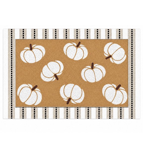 Fall White Pumpkin Doormat With Striped Border, 35x24 in Soft Weather-proof Thanksgiving Pumpkin Front Door Mat For Autumn Harvest Rustic Farmhouse Outdoor Entryway Decor