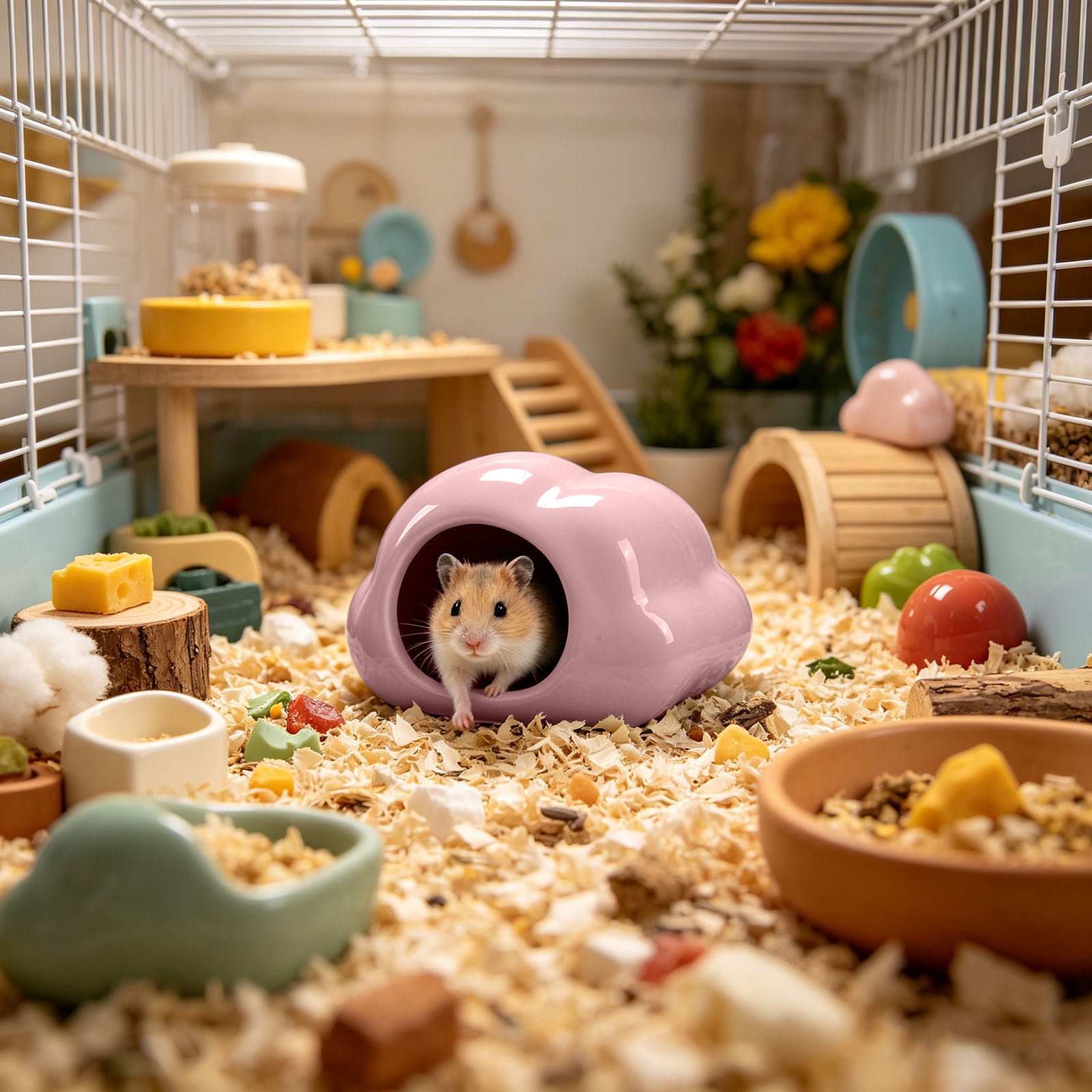 YANDE-Hamster Hideout Ceramic Hamster House Pet Nesting Hut Summer Cooling Cabin Hamster Nest Pet Cage Decor for Critter Lemmings Chinchilla Playing (Pink)