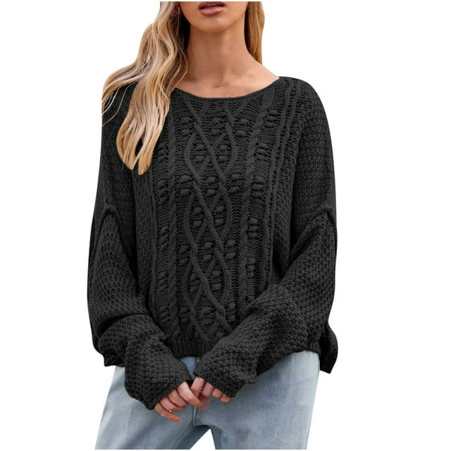 Yuyuzo Womens Sweaters Long Sleeve Pullover Round Neck Striped Knitted Tops Winter Casual Solid Color Sweaters