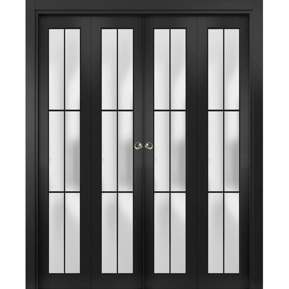 Sliding Closet Double Bi-fold Doors | Planum 2122 Matte Black Frosted Glass | Sturdy Tracks Moldings Trims Hardware Set | Wood Solid Bedroom Wardrobe Doors