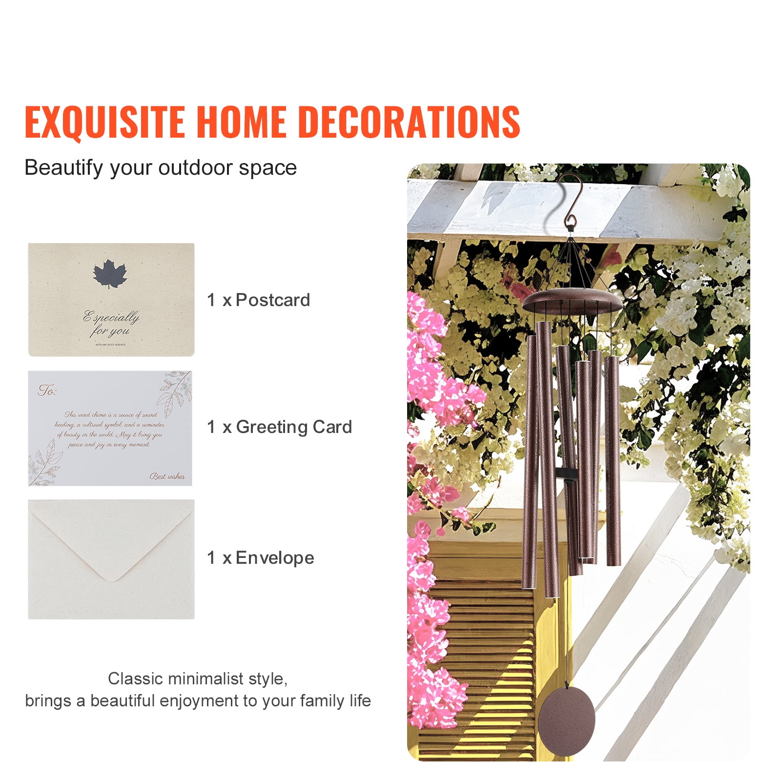 KFFKFF Outdoor Wind Chimes, 45 inches, Rich Sound Wind Chimes with 6 Tubes, Distinctive Large Commemorative Wind Chimes for Anniversary,Remarkable Exterior Decoration for Your Terrace,Backyard,Bronze