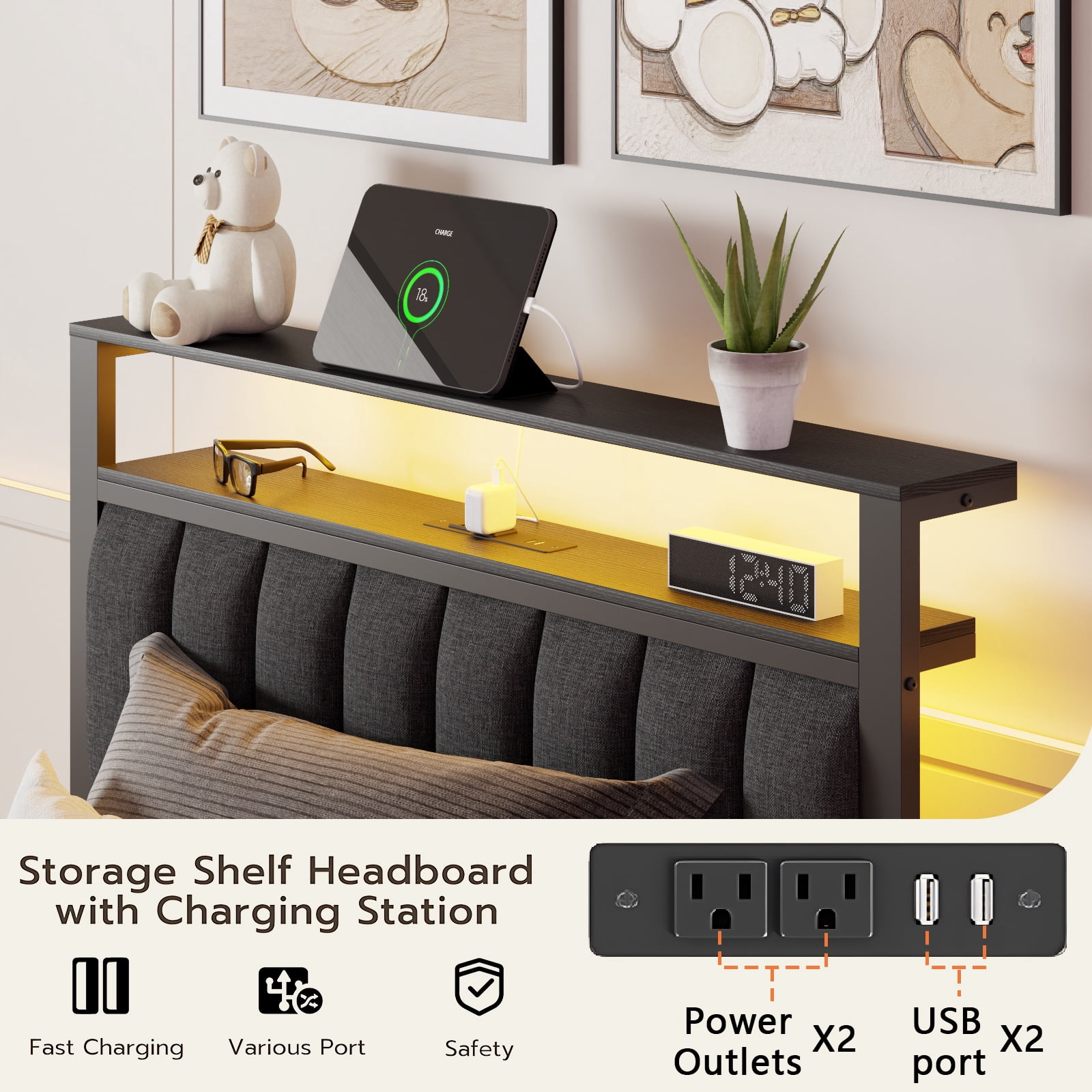 BYT Twin Bed Frame with 2 Drawers & Storage Headboard, Platform Metal Bed with 2 USB Ports and Outlets, No Box Spring Needed