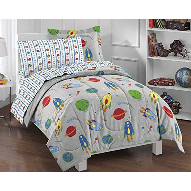 Dream Factory Space Rocket Ensemble de Douillette en Microfibre Ultra Douce, Multicolore, Lit Simple