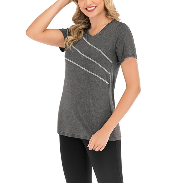 Innerwin Haut d'Entraînement Col Rond T-Shirt Femme Yoga Ourlet Évasé Séchage Rapide Gris Foncé TG