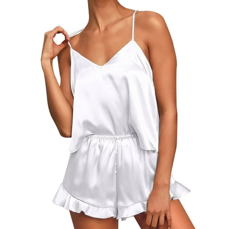 

XIAOFFENN Pajama Sets For Women Women s Casual Print Colorblock Frill Hem Set Housewear Lightweight Suspender Vest Suit 8 White