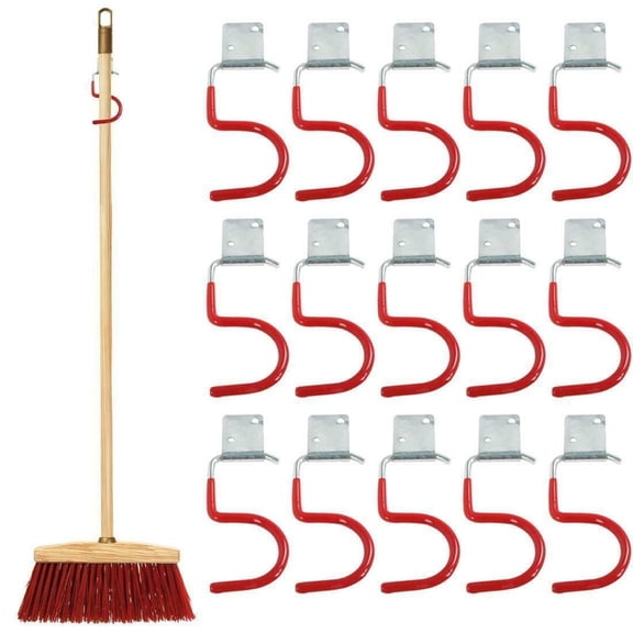 CHENGSI for Tool Holder Hooks Wall Mount 15 Pack Metal Garden Tool Organizer Hanger for Garage Shed Workshop Broom Rake Shovel Mop Tennis Racket Storage Red