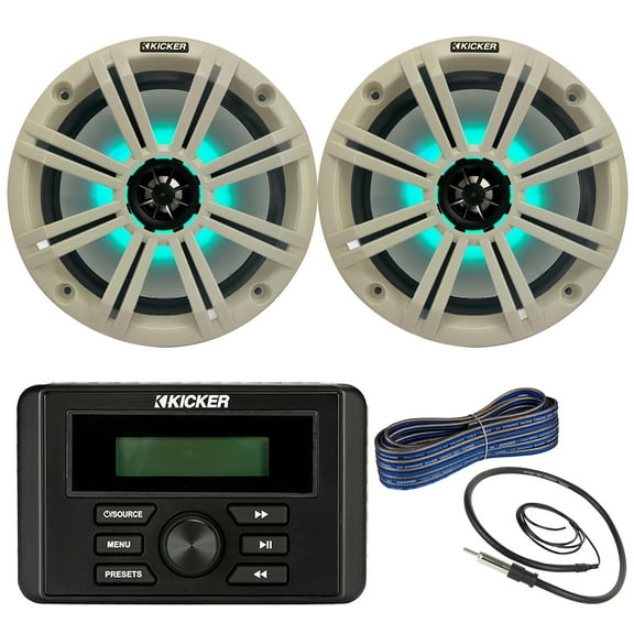 Kicker Weather-Resistant Marine Bluetooth USB RCA Stereo Receiver Bundle Combo with (QTY 2) 8" 2-Way 300W Max Coaxial Marine LED Speakers w/ White Grilles, 50-Ft 16-Gauge Wire, Antenna