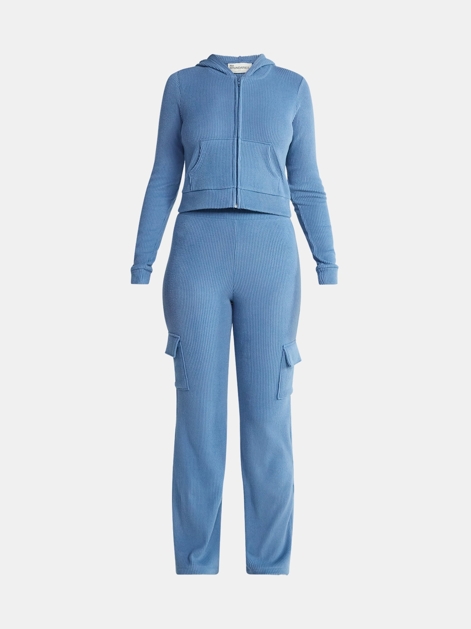 No Boundaries Brushed Ribbed Zip-Up Hoodie and Flare Pants Set, 2-Piece, Women's