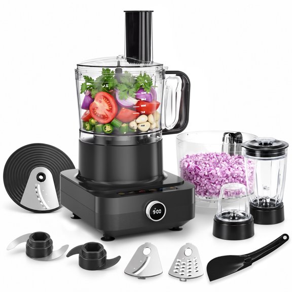 Hicloud 10-Cup Food Processor with 400W Motor, Chopping/Dough Blades, Slicing Disc, Blender, Dry Grinding Cup & Citrus Juicer